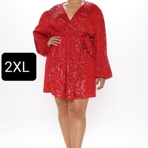 (NEW) Shining Red Sequin Wrap Dress with Belt 2XL.